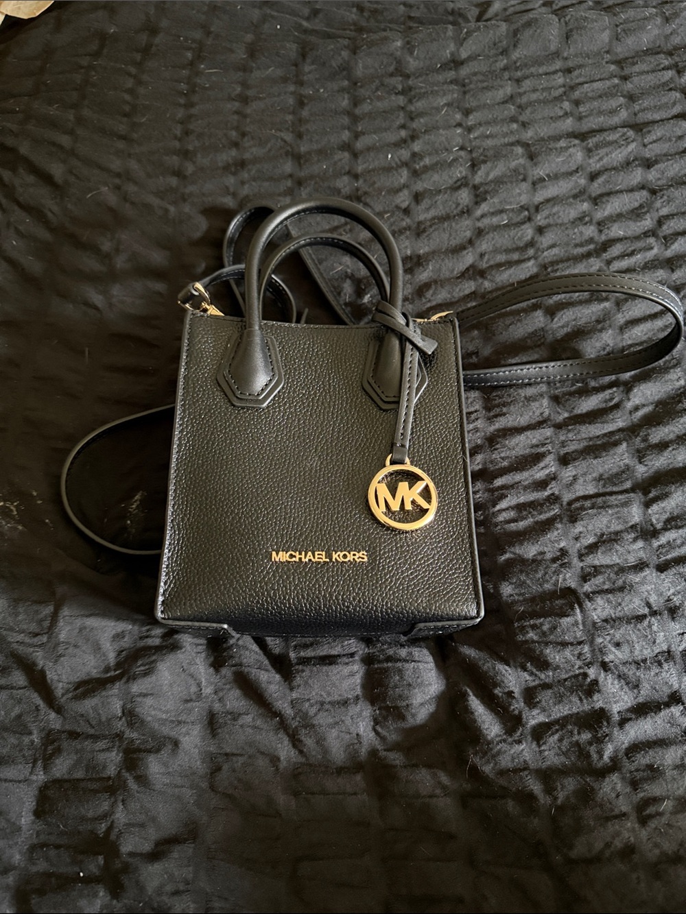 Michael Kors Black Leather Crossbody Messenger Bag with Gold MK Charm